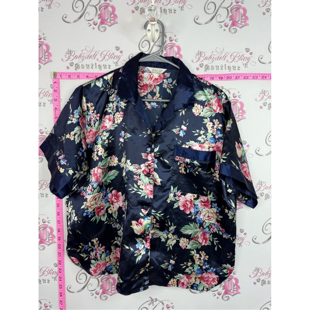 HDLD shirt vintage Silky Floral Button-Down Shirt - Navy Pink Floral